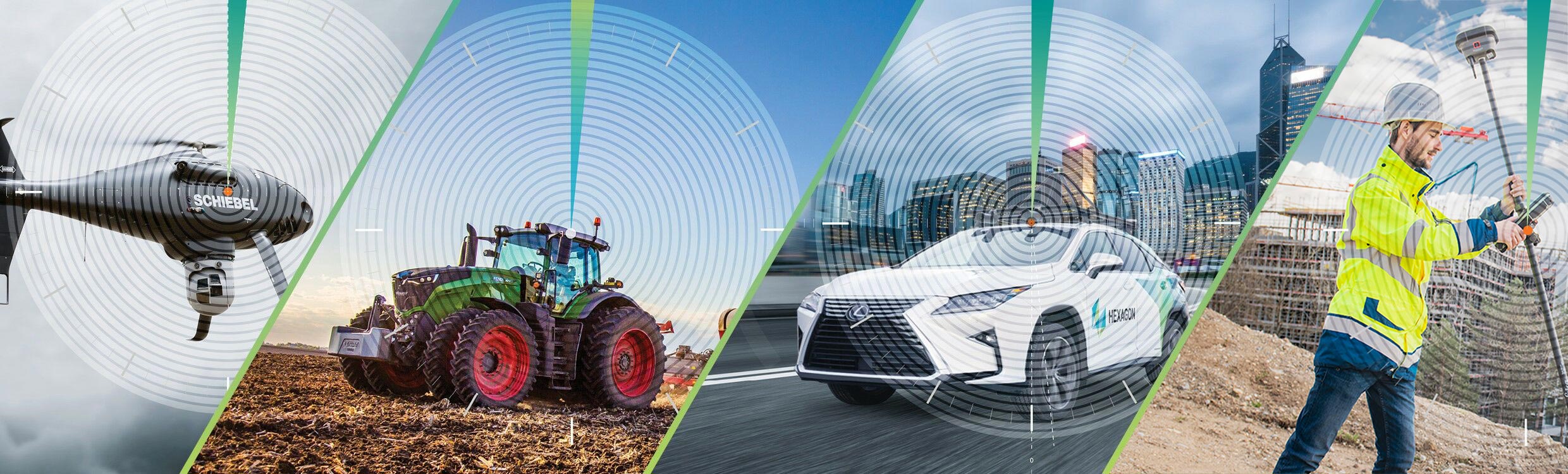 Depictions of various industries including UAV, agriculture, automotive and surveying